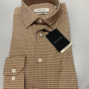 Bugatchi Men’s James Mini Check OohCotton Button-Up Shirt Size S Jaffa Orange